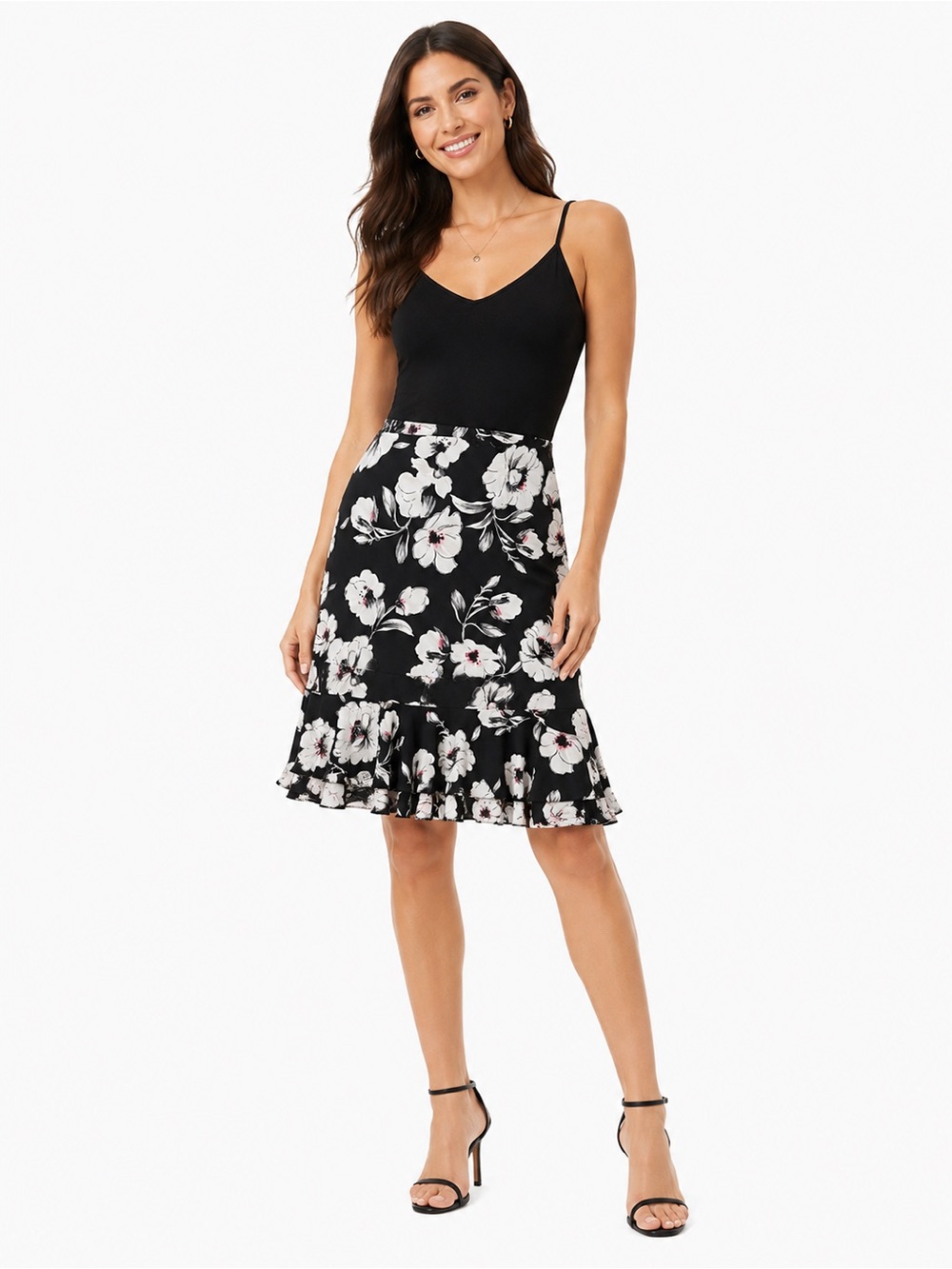 WHBM Black Floral Tiered Skirt Size M Flowy Ruffle EUC